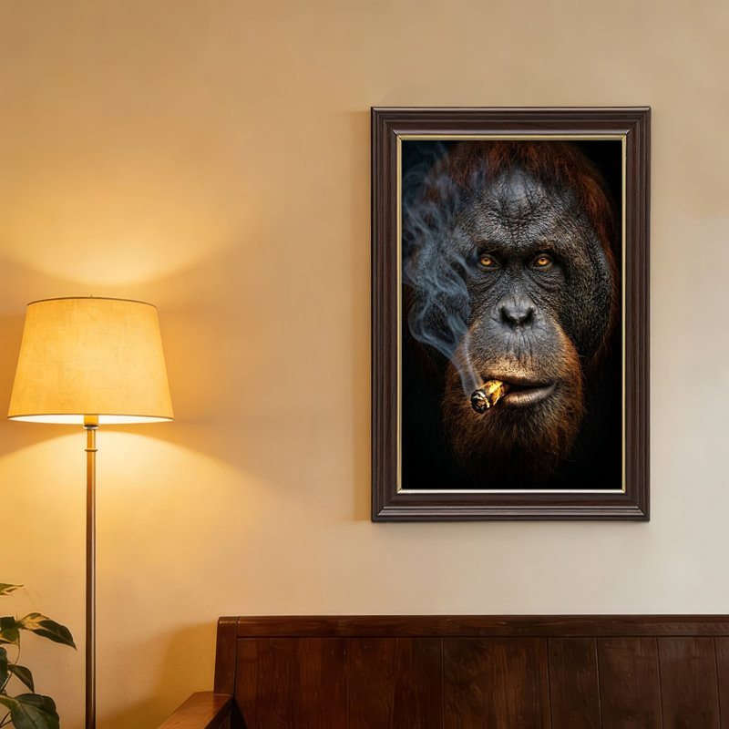 Art mural antique sur toile encadré doré pour le salon, la chambre à coucher, le bureau ou le vestibule - Décoration murale décorative avec tabagisme orang-outan