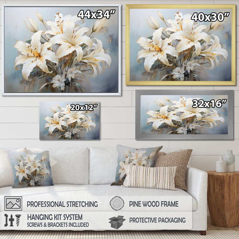 «Lilies Blossoms in Bloom», reproduction sur toile, Cadre naturel flottant, H 16 po x l 32 po x P 1 po