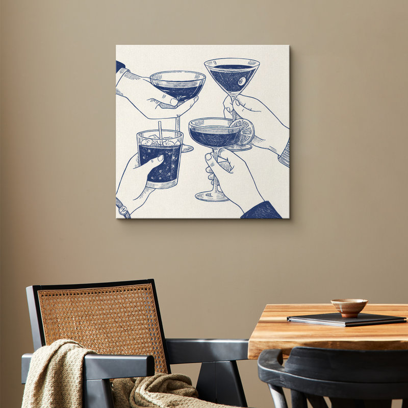 «Classic Cocktail Glasses Cheers Line Art Bar Scene», reproduction d'art sur toile encadrée, H 12 po x l 12 po x P 1,5 po