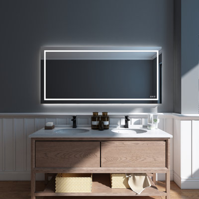 Waterpar ETL & UL Certified Backlit and Front Light Anti-Fog Frameless Rectangular LED Tempered Glass Wall Bathroom Vanity Mirror, 3 Adjustable Color Temperatures & Dimmable LED Bathroom Mirror