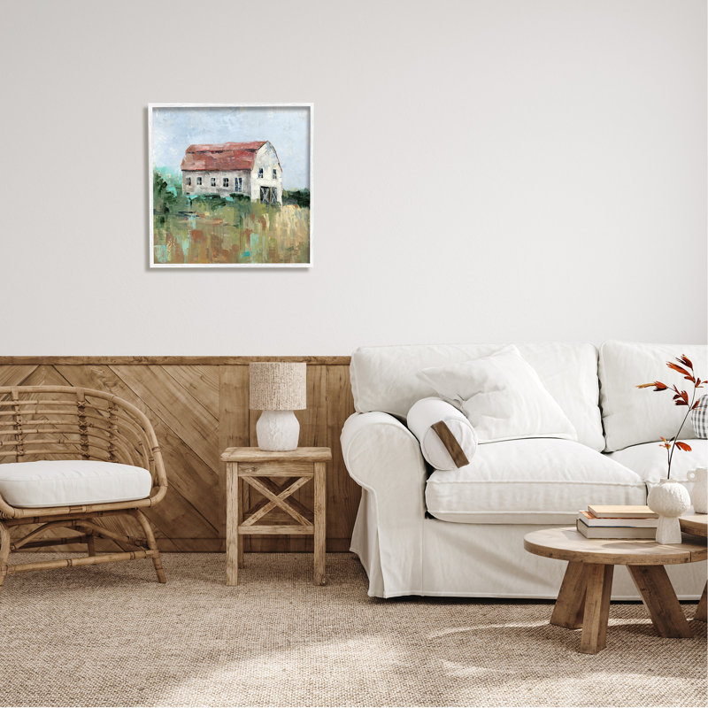 Rustic Barn Landscape Print on Canvas with White Frame