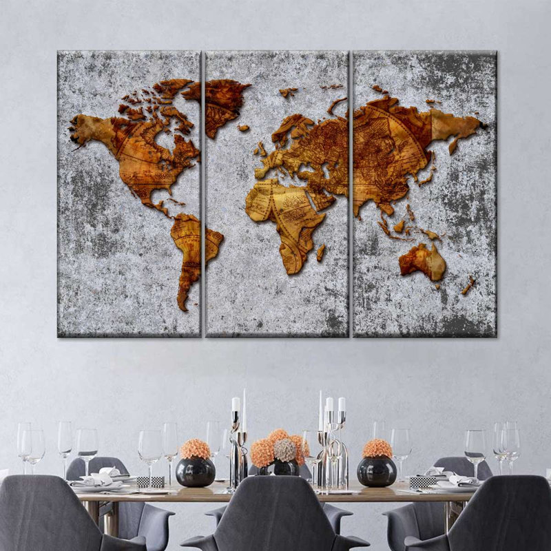 Antique Bronze World Map Multi Piece Canvas Print, H 42 po x l 65 po x P 1,25 po