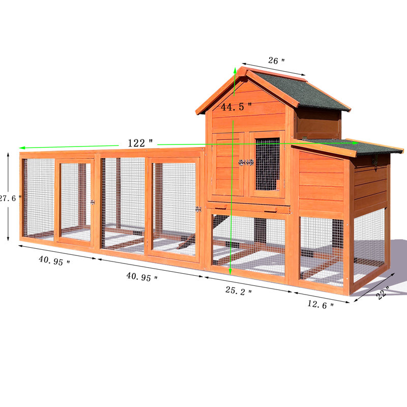 Poulailler - et imperméable. Spacieux pour 2 à 4 poules. Fabriqué en bois, 122 po Profond, 26 po de largeur, 44,5 po de hauteur. Rampe facile à déplacer. Portes de sécurité verrouillables. Plateau de nettoyage amovible. Boîte de nidification confortable