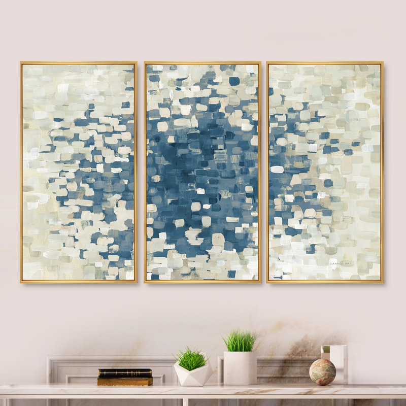 «Geometric Blue Spots», ensemble de 3 reproductions d'art moderne sur toile encadrées, Doré, H 20 po x l 36 po