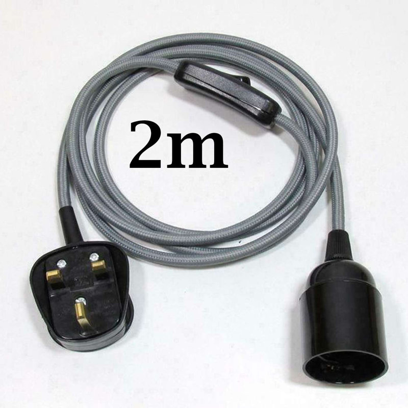 Ceiling Pendant Fitting, E27 Lamp Holder 2M Plug In Pendant Light Cord, Fabric Cable 3 Pin Plug In With On/Off Switch Lighting Kit