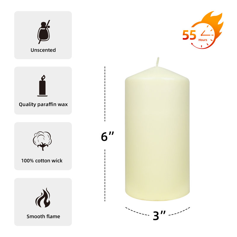 Ensemble de 3 bougies colonne non parfumées 3 pièces, Ivoire, H 6 po x l 3 po x P 3 po