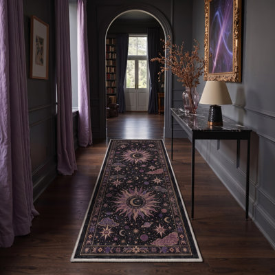 Tapis de couloir noir / mauve lavable à la machine avec envers antidérapant