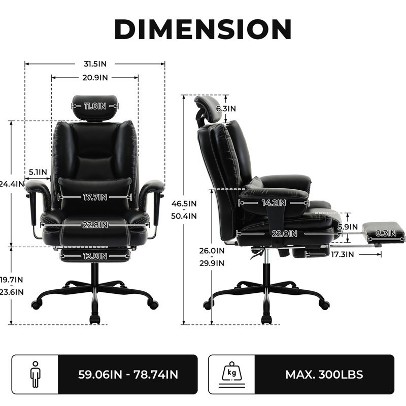 Chaise d'ordinateur noire avec repose-pieds réglable, double couche et rétractable multifonctionnel, extensible, rembourrage en mousse à mémoire de forme