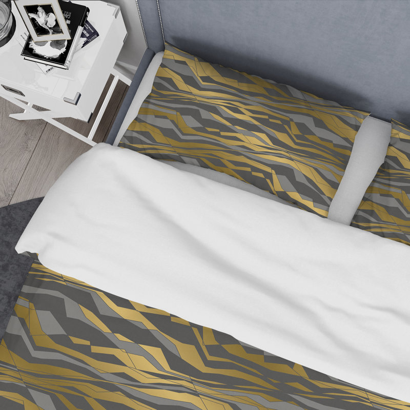 Ensemble de housse de couette de style mid-century à lignes pointues et ondulations, Twin Duvet Cover + 2 Shams