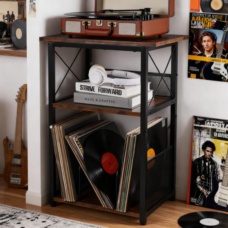 Compact Record Player Stand With Storage For 100 Vinyl Albums, Turntable Console, Rustic Brown