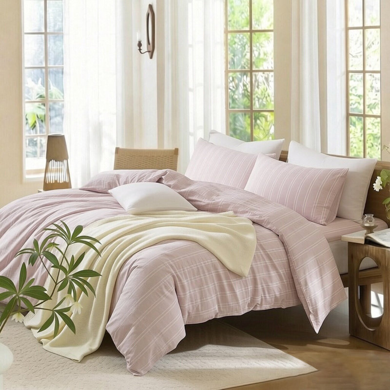 Ensemble de housse de couette à rayures XINMIANFANG, Rose/Blanc, Housse de couette pour très grand lit et 2 taies