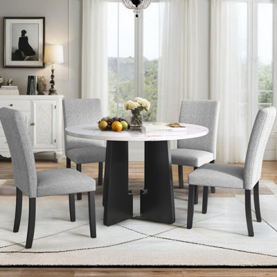 5-Piece Round Dining Table set, 43-Inch Modern Dining Table and 4 Upholstered Chairs for Dining Room, Kitchen Room, Living Room, Easy Assembly