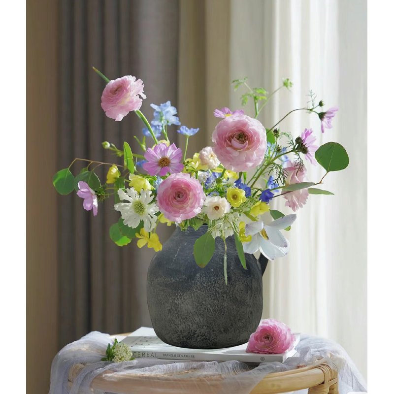 Vase en céramique fait à la main avec poignée, vase à fleurs pour la décoration intérieure, Noir