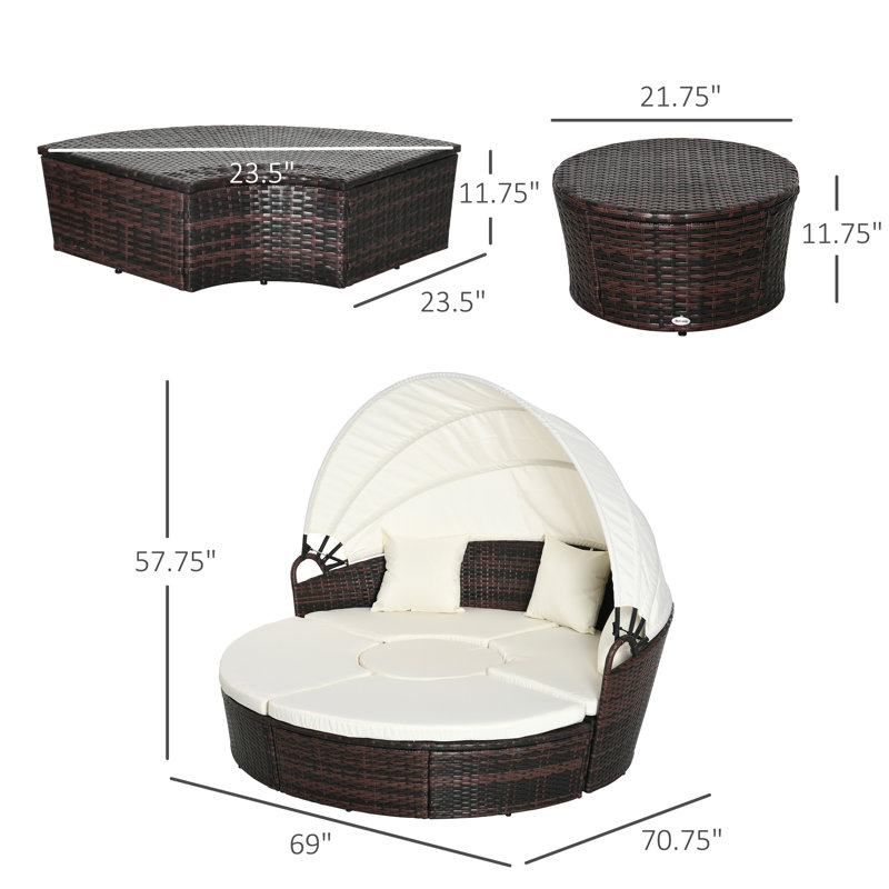 Lit de jour convertible rond 4 pièces avec coussins Outsunny, ensemble de canapé d'extérieur en rotin de patio en osier de patio PE, lit de soleil avec auvent réglable, canapé modulaire, 2 chaises, table, 3 coussins, blanc crème
