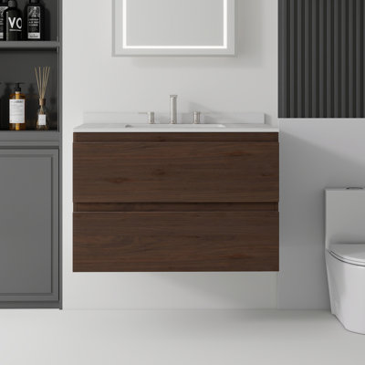 Meuble-lavabo suspendu de 76 cm (30 pouces) avec lavabo en céramique, armoire en contreplaqué, tiroirs à fermeture amortie, comptoir et dosseret en marbre reconstitué blanc granité, brun