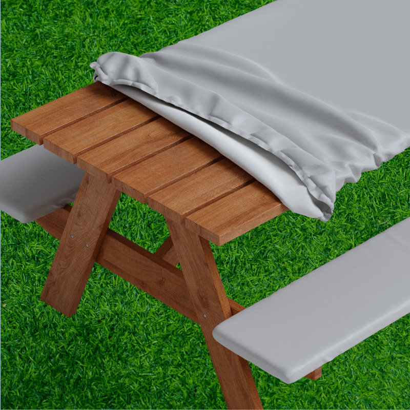 Roudebush Picnic Table And Bench Fitted Tablecloth Cover, Solid Design, Flannel Backed Lining, 30 X 72 Inch, 3-Piece Set, GREEN