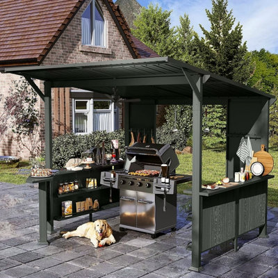 Pavillon de jardin à toit rigide de 9 pi x 10 pi, pavillon de jardin incliné pour barbecue avec tablettes de rangement et plateforme d'extension, auvent de barbecue à toit rigide en acier galvanisé pour patio