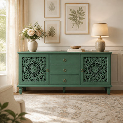 55.5" Wide Farmhouse TV Stand with Carved Doors and 3 Drawers, Antique Green