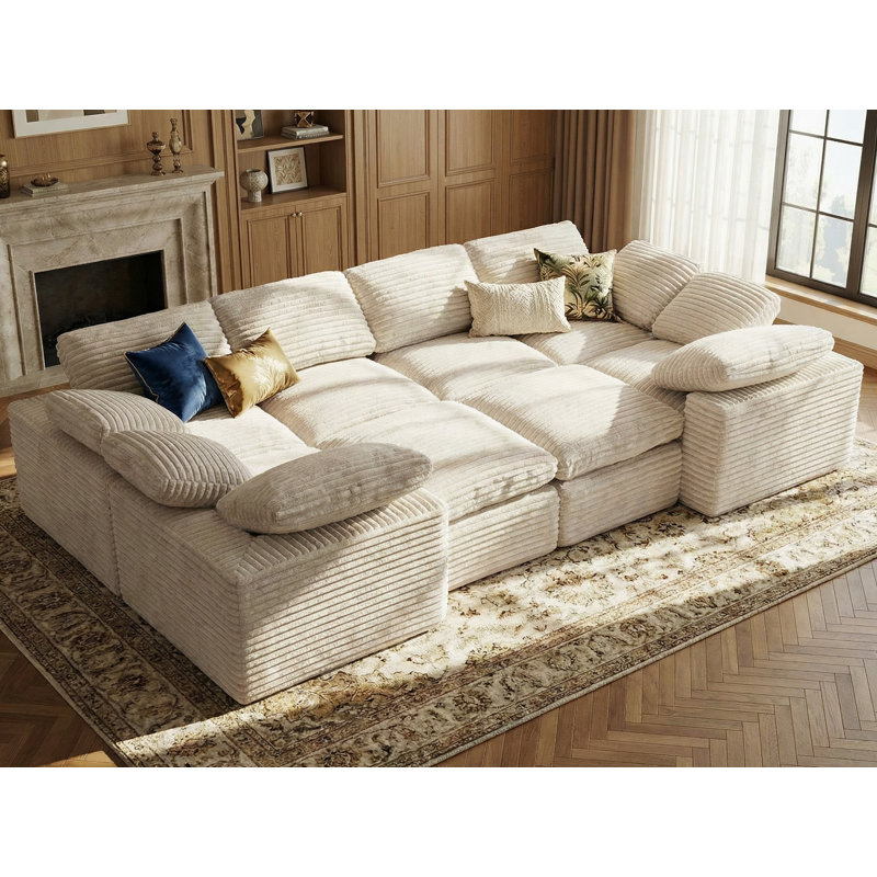 KKL - Grand canapé-lit modulaire modulaire de 150 po en tissu velours côtelé avec repose-pieds Cloud, sans assemblage requis, beige