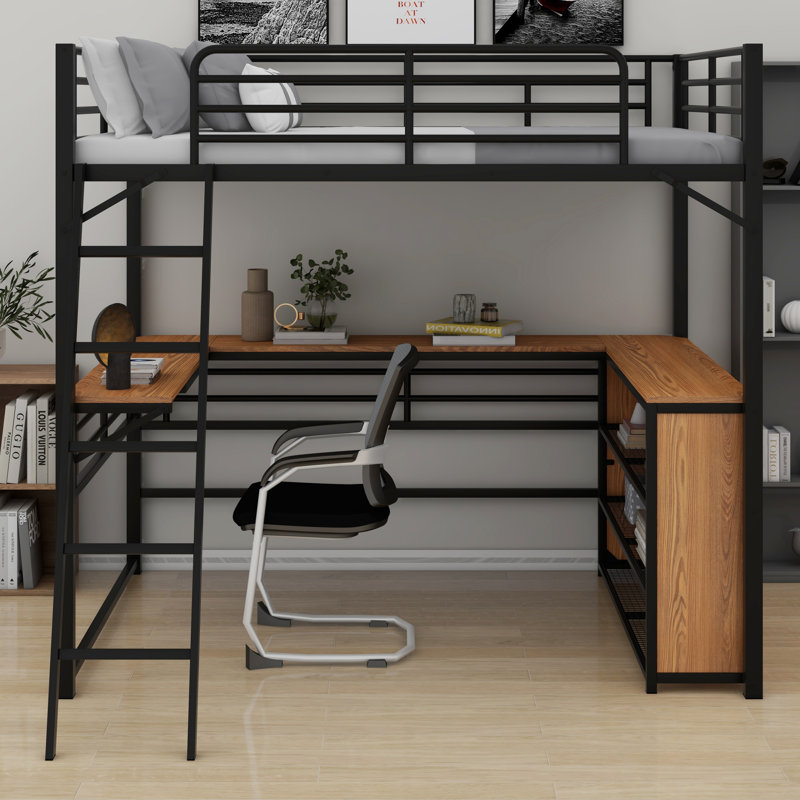 Metal Loft Bed With 3 Layers Of Shelves And L-Shaped Desk, White/Natural
