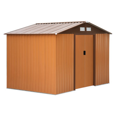 Yellow Outdoor Storage Shed With 9.1' L X 6.4' W 6.3' H, Foundation, 4 Vents And 2 Sliding Doors, For Backyard, Patio, Lawn - Spacious Interior Care Pool Supplies, Galvanized Steel, Sloped Roof