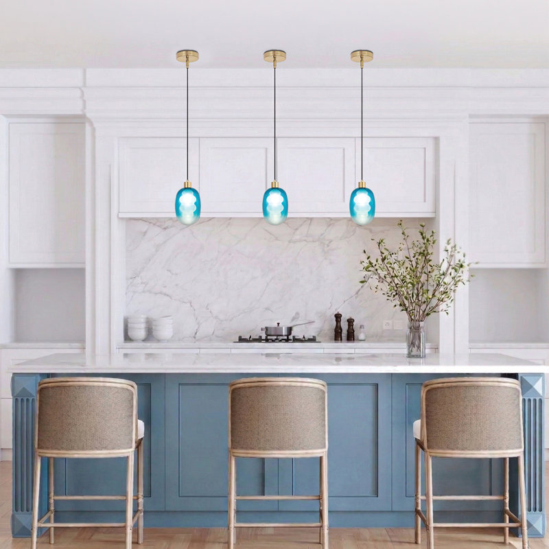 Acento Aura Modern Blue Ombre Glass 1-Light Pendant Light Fixture, Gold Finish, Adjustable Height, Sloped Ceiling Compatible, E26, for Kitchen Island, Dining Room, Entryway