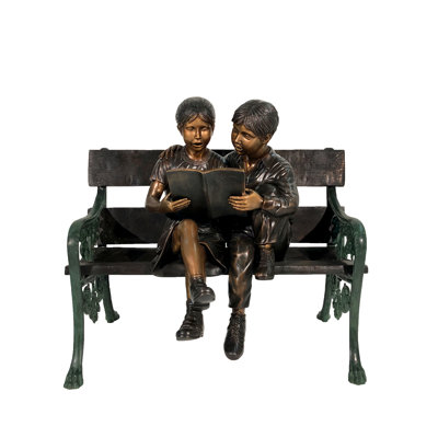 Bronze Boy and Girl Reading Book on Bench Sculpture