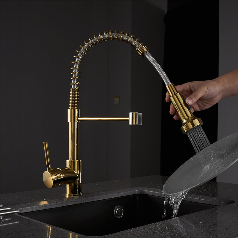 Kitchen Faucet With Pull Down Sprayer, Single Handle Single Lever Kitchen Sink Faucet, Gold
