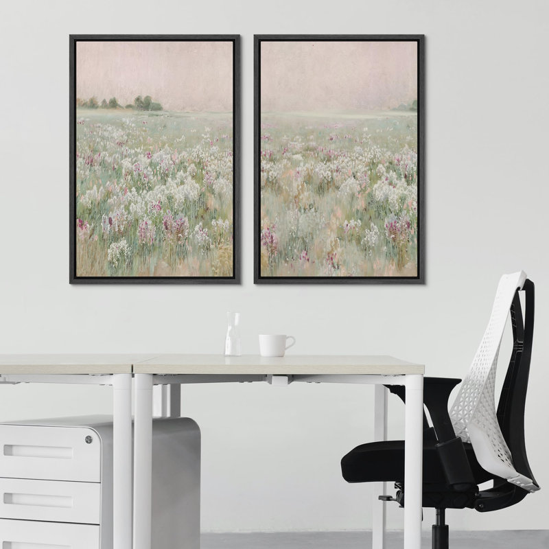 «Serene Meadow Field Pastel Floral Landscape In Hazy Dawn Light Modern Art Wall Decor», reproduction d'art encadrée sur toile, 2 pièces
