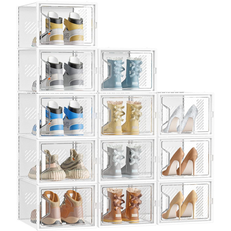 Large Shoe Storage Box,12 Pcs Shoe Box Plastic Stackable, Shoe Organizer Containers With Lids,Fit UK 12, Clear
