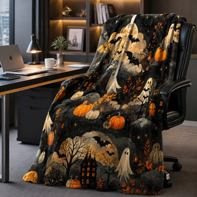 Couverture jetée Halloween avec motif fantôme, citrouille et château, chauve-souris et lune, douce et légère, idéale pour canapé, chambre, salon et décoration intérieure.