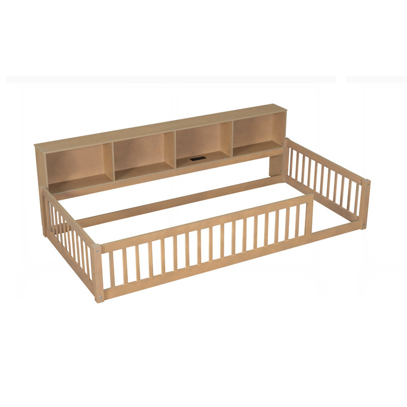 Wood Floor Bed with Storage Cabinets and USB Ports, Brown