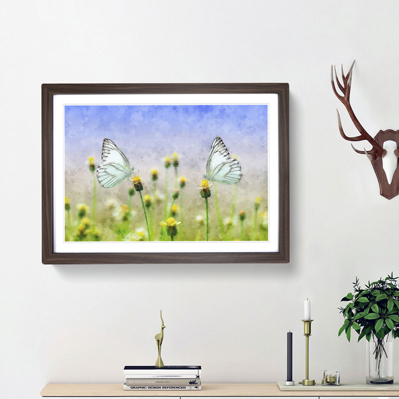 Two Butterflies upon Yellow Flowers - Framed Print, 62cm H x 87cm W x 2cm D, Walnut Framed
