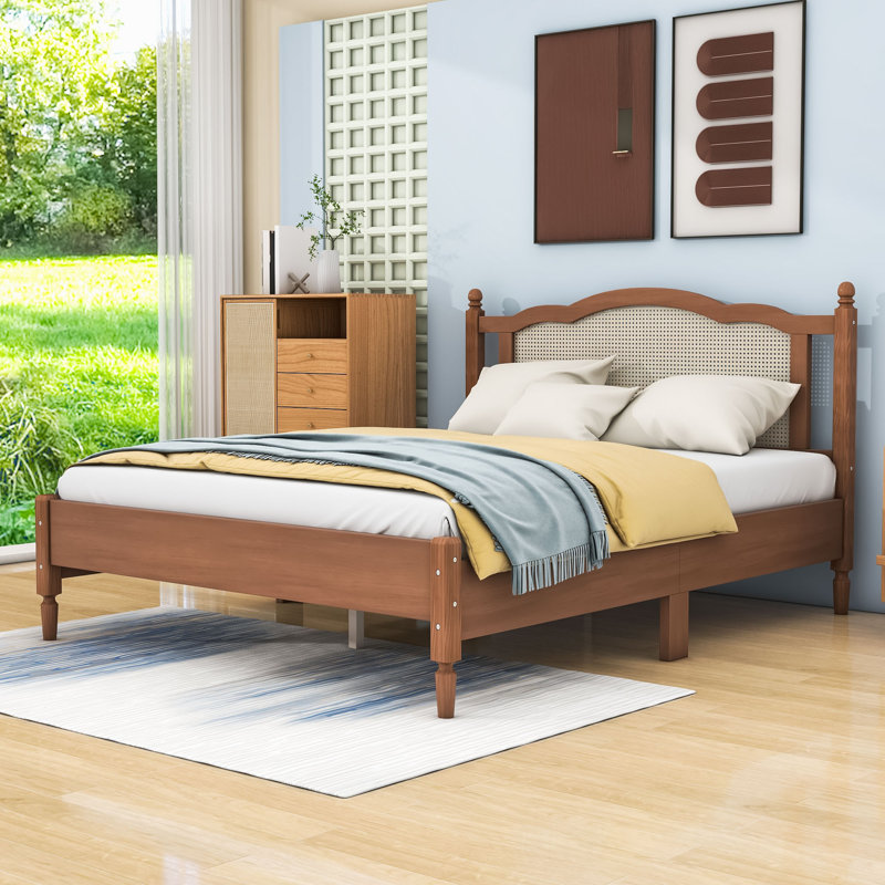 Lit plateforme avec tête de lit en rotin Mortimer Minimalist Elegance, Noyer, Grand lit