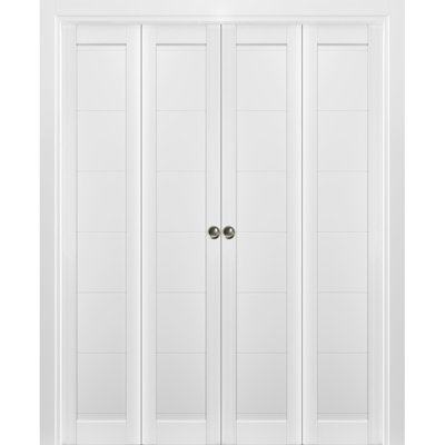Sliding Closet Double Bi-fold Doors 96" x 84" (4* 24x84) Quadro 4115 White Silk Sturdy Tracks Moldings Trims Hardware Set Wood Solid Bedroom Wardrobe Doors