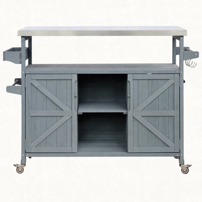 Îlot de cuisine extérieur, chariot à roulettes et armoire de rangement, table de barbecue d'extérieur en bois massif avec plateau en acier inoxydable, support à épices, support à serviettes pour la cuisine et le barbecue