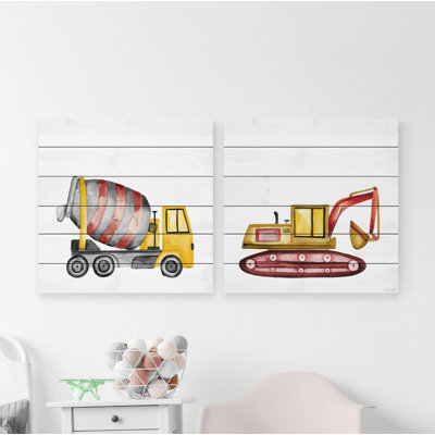 Mixer Truck and Excavator Diptych 2 Piece Print on White Wood