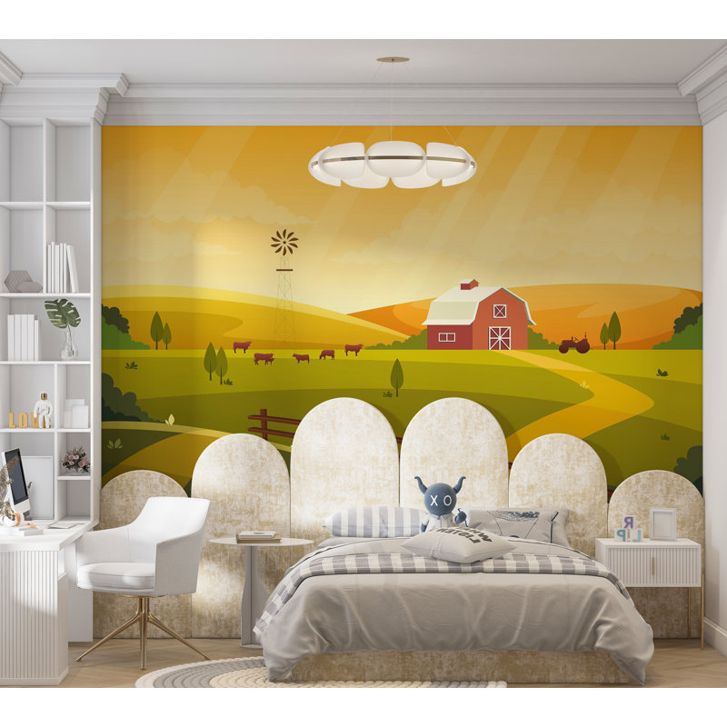 Murale pelez et collez de qualité supérieure - Coucher de soleil idyllique à la ferme, L 96 po x l 120 po