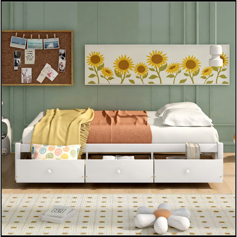 Orisfur. Lit plateforme simple avec rangement et 3 tiroirs, Blanc