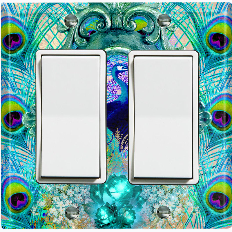 Plaque murale élégante avec interrupteur à bascule à 2 bandes avec plumes de paon bleu Elegant Peacock, Bleu ciel