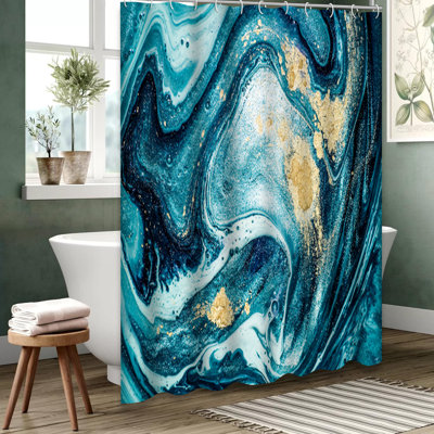 Ocean Blue Green Marble Abstract Shower Curtain with 12 Hooks