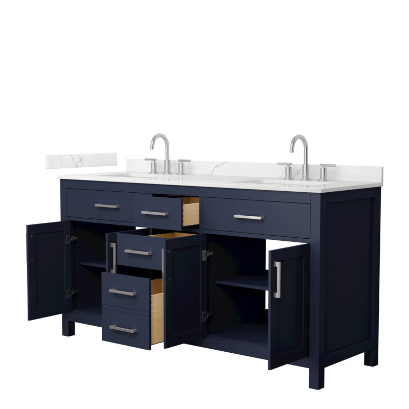 Beckett 66" Freestanding Double Bathroom Vanity with Quartz Top, Dark Blue, Giotto Quartz, Brushed Nickel