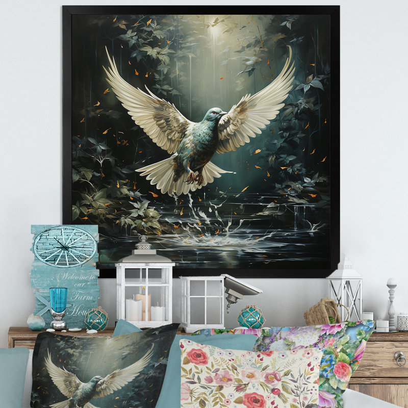 Vert et blanc Dove Take Off Harmony - art mural colombe, Cadre photo noir, H 16 po x l 16 po x P 1 po