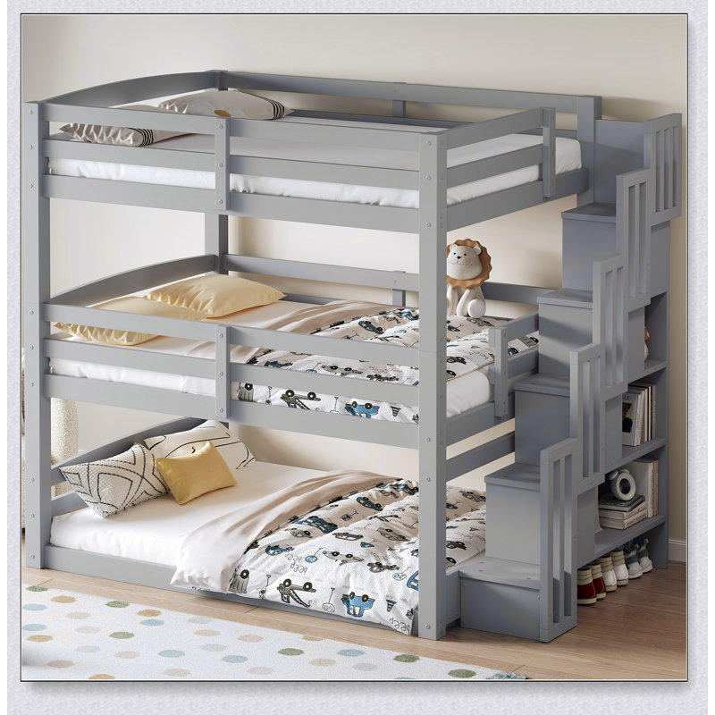 Triple Bunk Bed With Storage Staircase,Separate Design, Gray