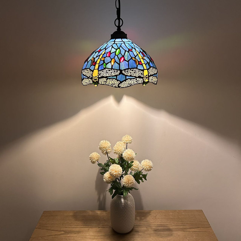 Luminaire suspendu en forme de libellule en verre coloré Tiffany DEL inclus l 12 po x P 12 po x H 60 po, Bleu/jaune