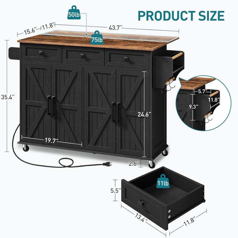 43.7'' Kitchen Island with Drop Leaf and Power Outlet, Rolling Kitchen Island Cart with Storage and Adjustable Shelving