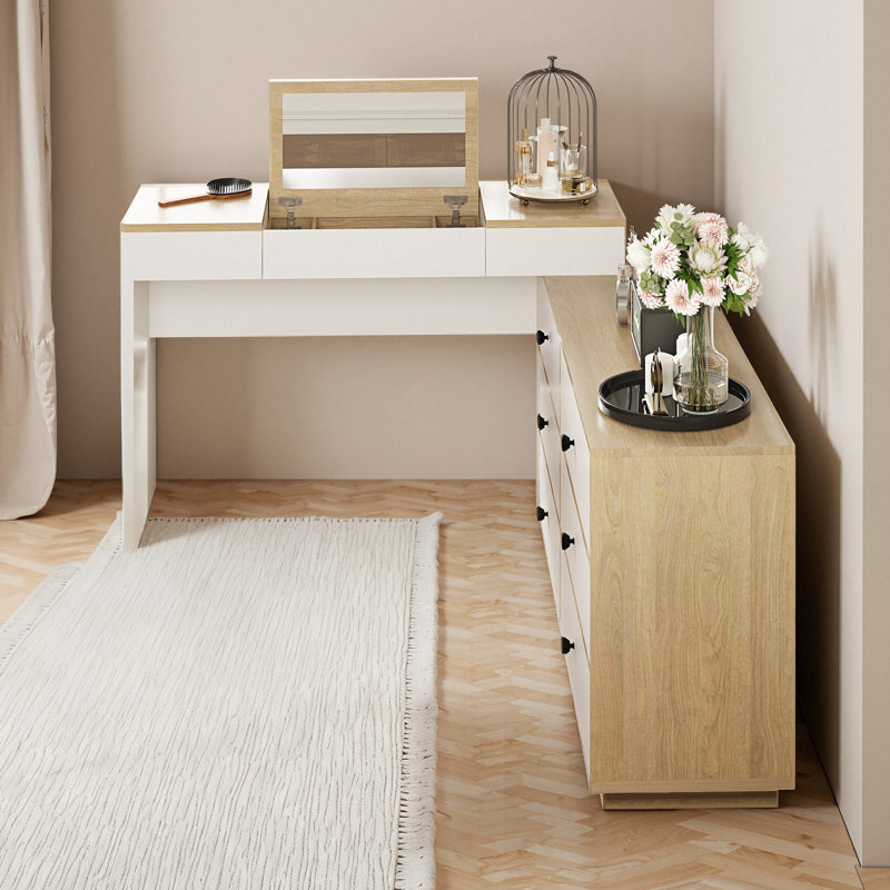 Extendable Vanity Desk Home & Office Convertible L-Shaped Wooden Desk Features A Flip-Up Makeup Mirror And 6 Storage Drawers, Including 2 Small Storage Drawers