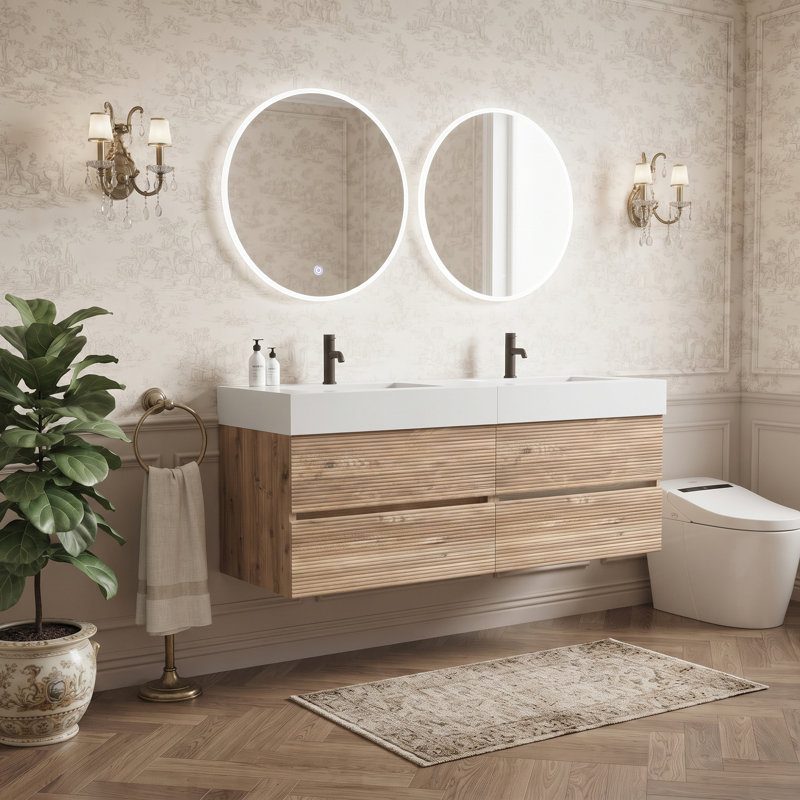 Wall Mounted Single Double Vanity Bathroom Vanity With Solid Surface Top, 60" W