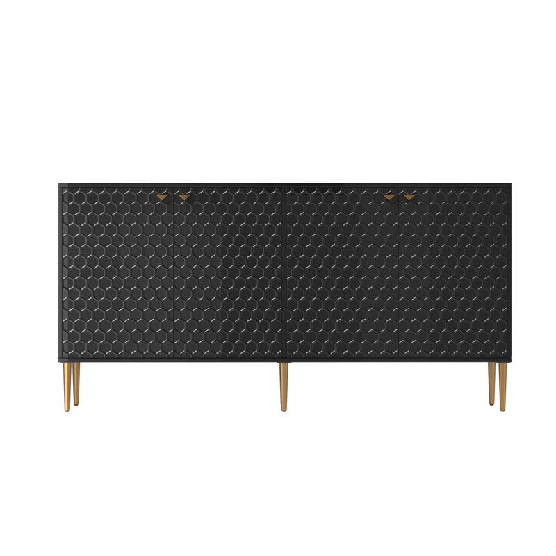 Buffet de 64 po de largeur avec armoires 4 portes Kuo, Noir / or