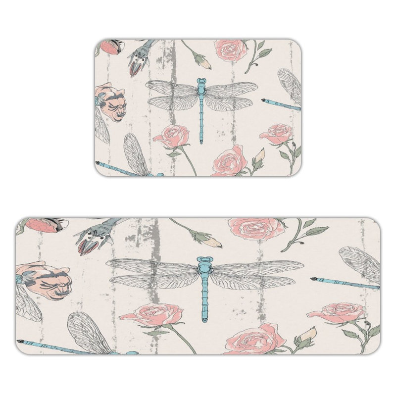 Rose et libellule, ensemble de 2 tapis de cuisine